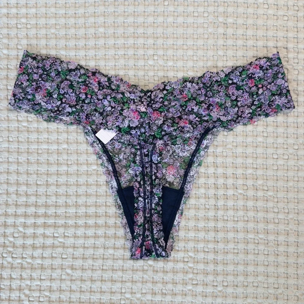 Victoria’s Secret The Lacie Ensign Navy Ditsy Floral Lace Thong Blue Purple Pink